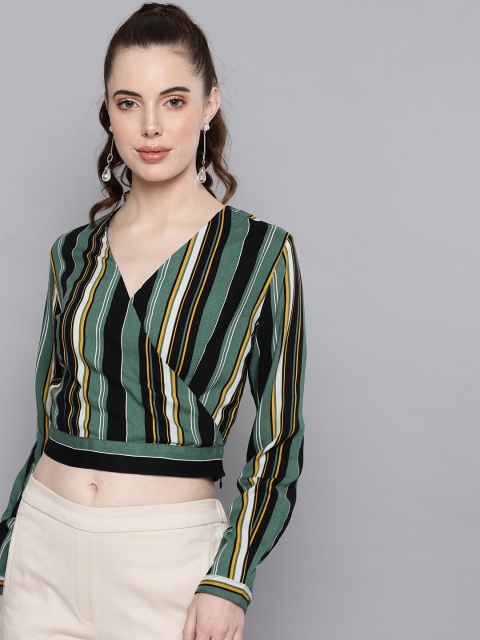 

Carlton London Women Green Striped Cuffed Sleeves Wrap Crop Top