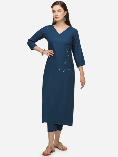 

RAISIN Women Navy Blue Angrakha Kurti with Trousers