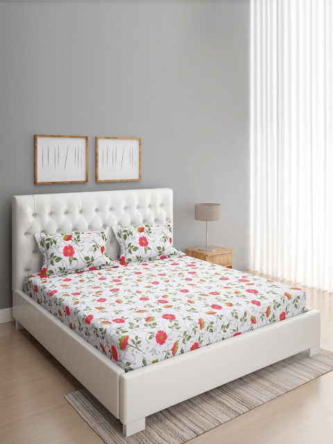 

ROMEE White & Red Floral 144 TC Cotton Queen Bedsheet with 2 Pillow Covers