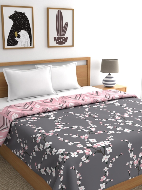 Trident Peach & White Floral Microfiber AC Room Reversible Double Bed Dohar