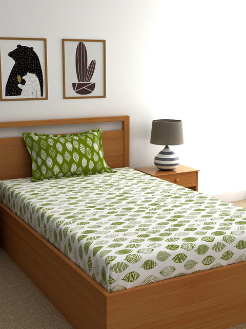 

Dreamscape Green & White Floral 180 TC Cotton Single Bedsheet with 1 Pillow Covers