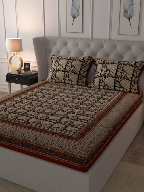 

RANGDESI Black & Beige Ethnic Motifs 210 TC King Bedsheet with 2 Pillow Covers