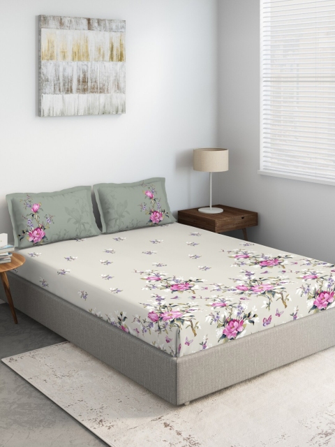 

DDecor Grey & Beige Floral 150 TC King Bedsheet with 2 Pillow Covers