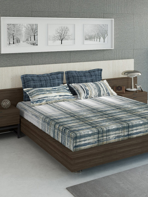 

DDecor Blue & Off White Striped 160 TC King Bedsheet with 4 Pillow Covers