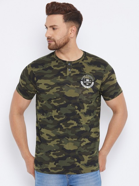 

98 Degree North Men Green Camouflage Printed Henley Neck T-shirt