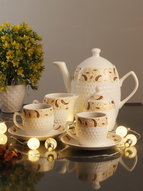 

CDI White & Brown Printed Bone China Glossy Kettle Set