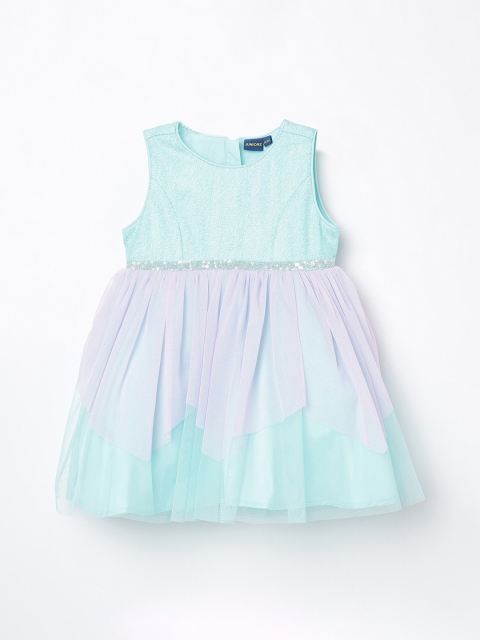 

Juniors by Lifestyle Turquoise Blue & Purple Colourblocked Net Dress with Hairband