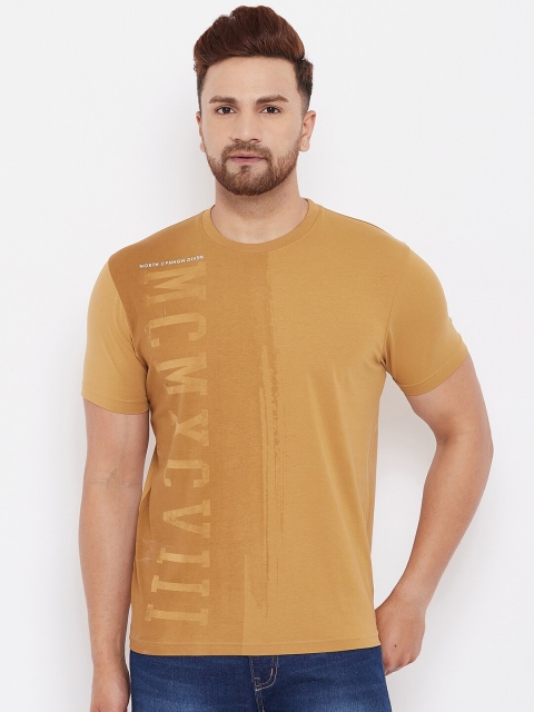 

98 Degree North Men Mustard Yellow Typography Printed T-shirt
