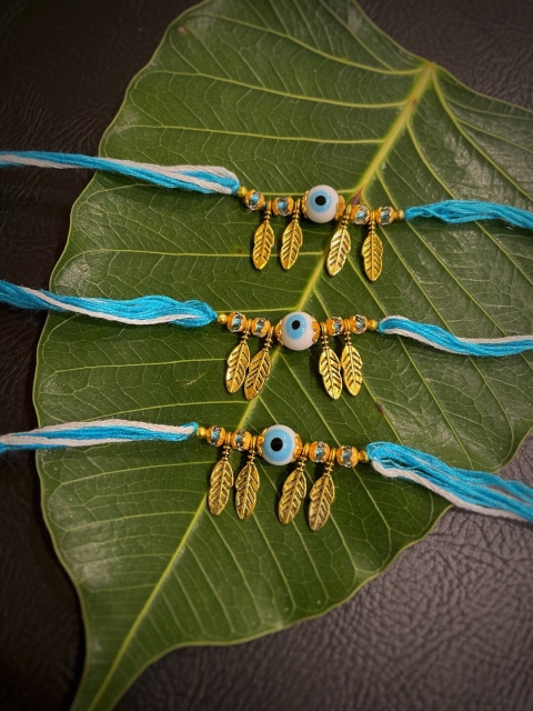 

Digital Dress Room Combo of 3 Fancy Evil Eye Turkish Charm with Leaf Mauli Rakhi, Gold