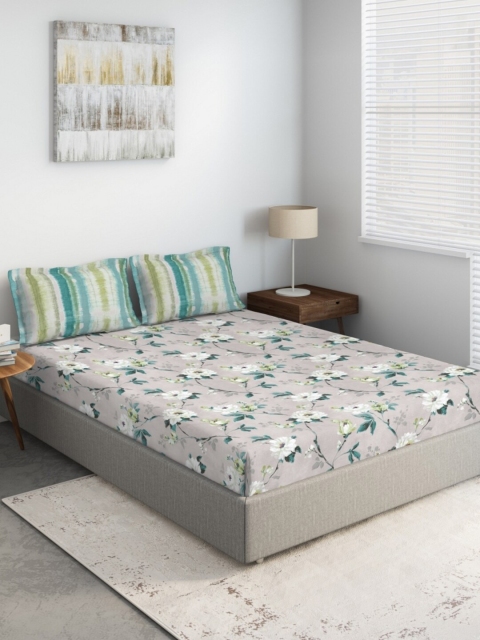 

DDecor Grey & Green Floral 140 TC Queen Bedsheet with 2 Pillow Covers
