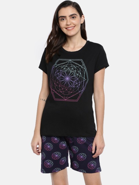 

Ellete Women Black & Purple Printed Pure Cotton Night suit