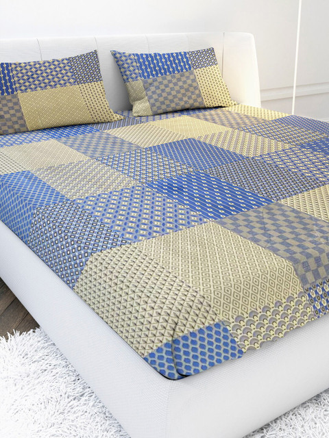 

MAYFAIR HOMES LONDON Blue & Yellow Geometric 104 TC Queen Bedsheet with 2 Pillow Covers