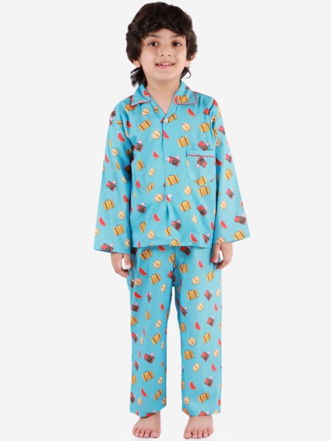 

KID1 Boys Turquoise Blue & Yellow Printed Night Suit