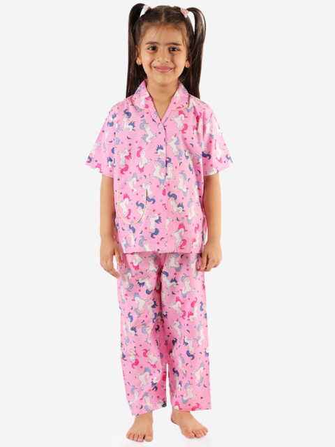 

KID1 Girls Pink & White Printed Night suit