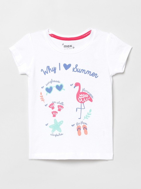 

max Girls White & Blue Typography Printed T-shirt