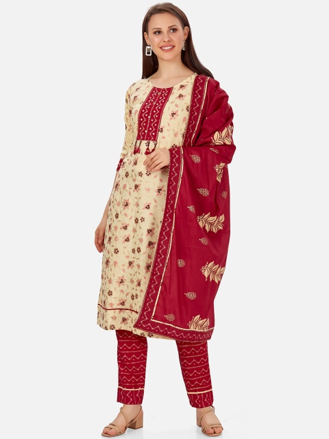 

Kiana Women Cream-Coloured Floral Printed Mirror Work Pure Cotton Kurta with Trousers & With Dupatta