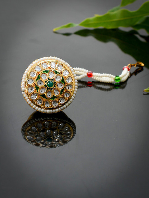 

Silvermerc Designs Gold-Plated Green & White Stone-Studded & Pearl-Beaded Maang Tikka With Borla