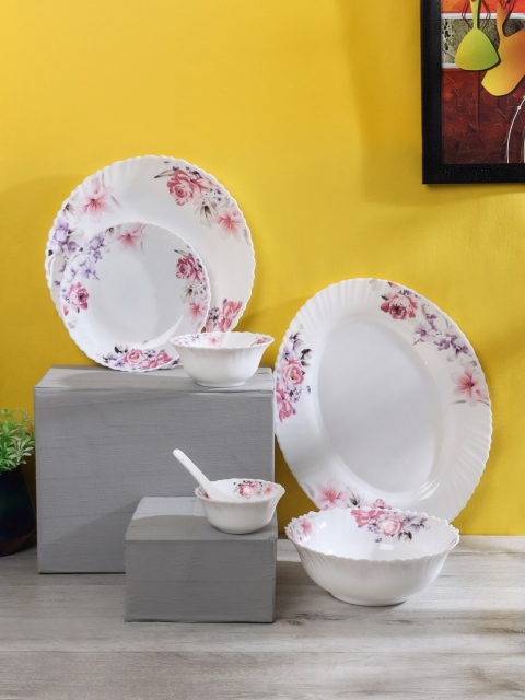 

ceradeco White & Pink 33-Pieces Printed Glass Glossy Dinner Set