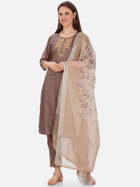 

Kiana Women Brown Floral Embroidered Chanderi Silk Kurta with Trousers & With Dupatta