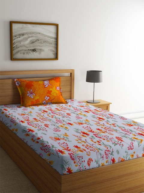 

MAYFAIR HOMES LONDON White & Orange Floral 144 TC Single Bedsheet with 1 Pillow Covers