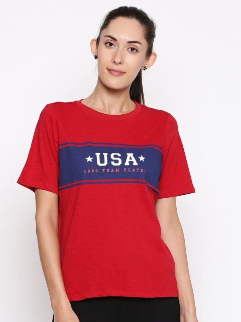 

People Women Red & Blue Typography Printed T-shirt