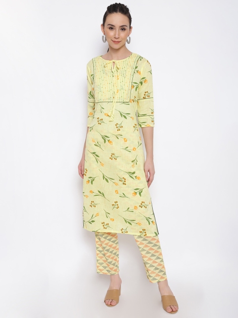 

MARC LOUIS Women Yellow Floral Printed Panelled Pure Cotton Kurta with Trousers