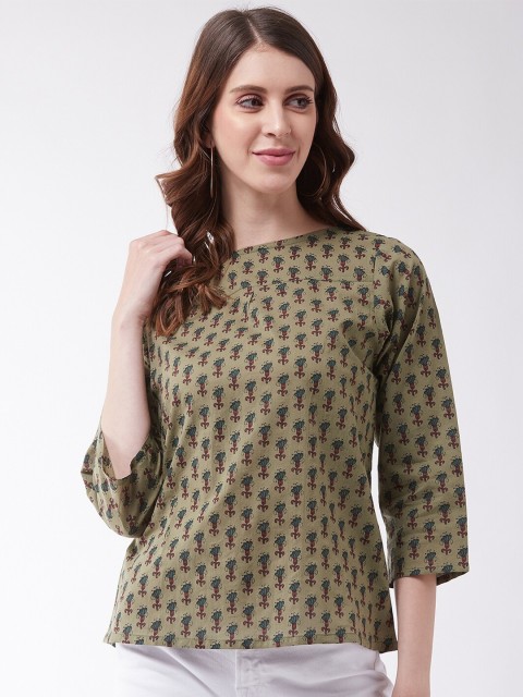 

InWeave Women Green Pure Cotton Floral Printed Regular Top
