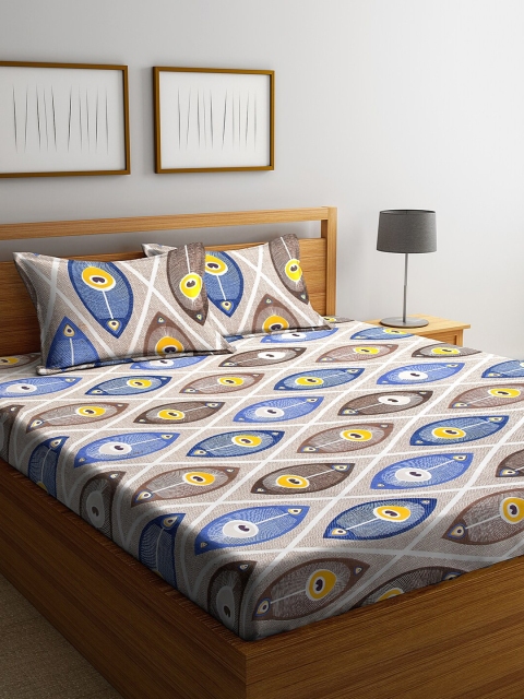

NEUDIS Blue & Yellow Geometric 180 TC King Bedsheet with 2 Pillow Covers
