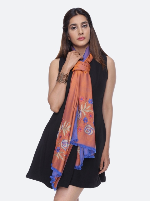

Scarves & Glitters Women Rust Orange & Blue Reversible Embroidered Stole