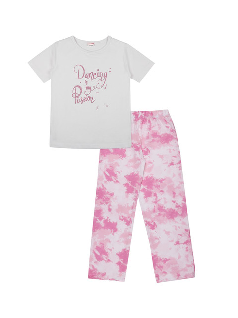 

RAINE AND JAINE Girls White & Pink Printed Cotton Night Suit