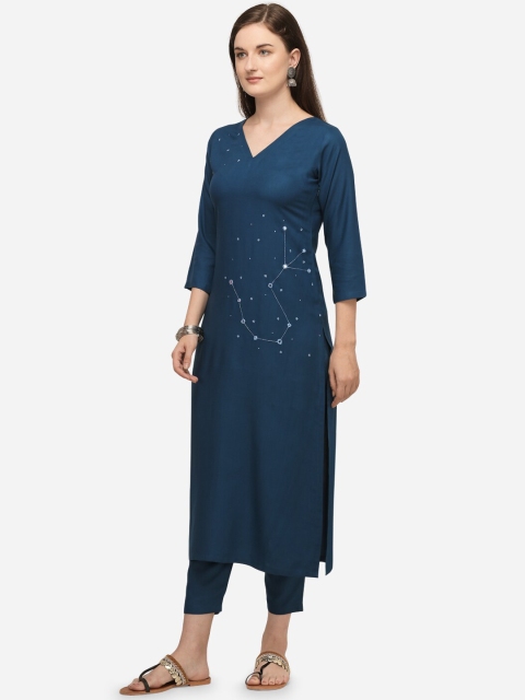 

RAISIN Women Navy Blue Floral Embroidered Kurta with Trousers