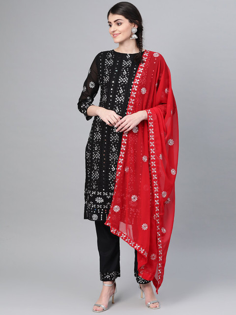 

Ishin Black & Red Embroidered Semi-Stitched Dress Material