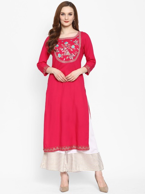 

Ramas Women Coral & Off White Floral Yoke Design Thread Work Kurta
