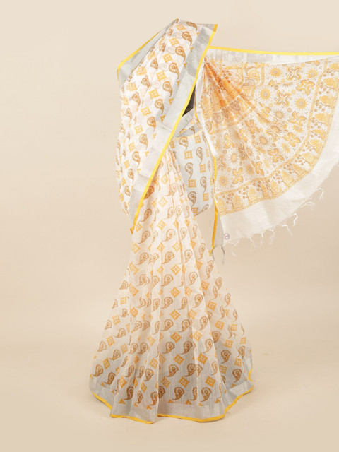 

Pothys White & Yellow Floral Cotton Blend Saree