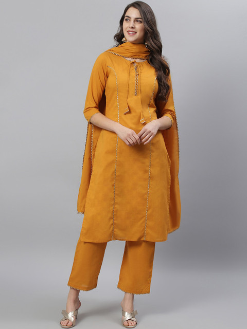 

Azira Women Yellow Embroidered Panelled Gotta Patti Pure Cotton Kurta with Trousers & With Dupatta