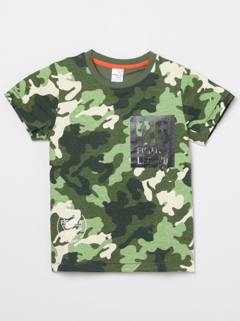 

max Boys Olive Green & Off White Camouflage Printed Round Neck T-shirt