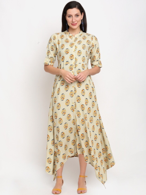 

Lovely Lady Cream-Coloured & Yellow Floral A-Line Midi Dress