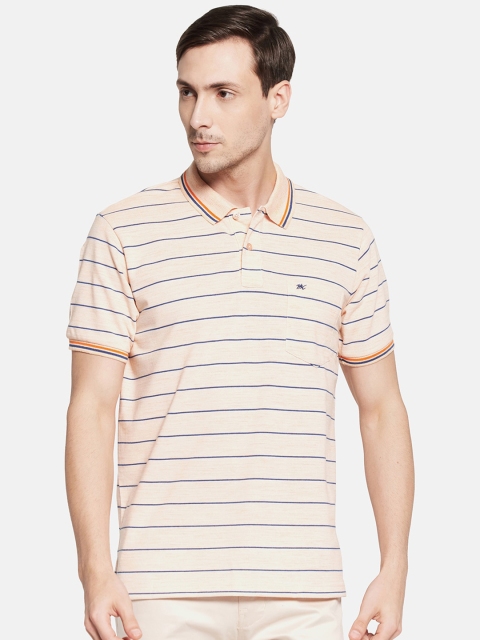 

Monte Carlo Men Peach-Coloured & Blue Striped Polo Collar T-shirt