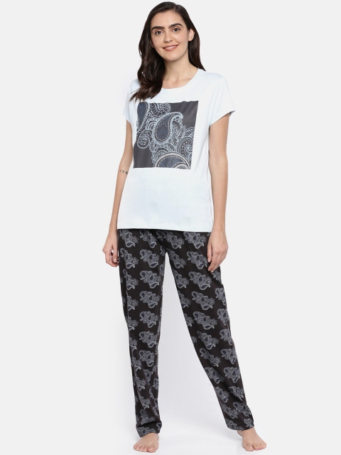 

Ellete Women White & Black Printed Cotton Night Suit