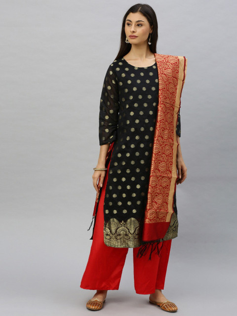 

Ishin Black & Red Art Silk Unstitched Dress Material