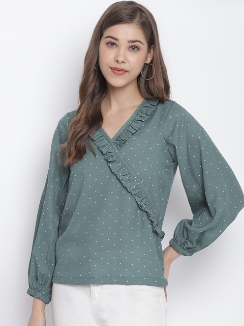 

Capybara Green Puff Sleeve Ruffled Wrap Top, Sea green