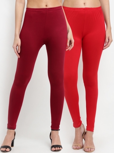 

NEUDIS Women Pack Of 2 Solid Cotton Ankle-Length Leggings, Maroon