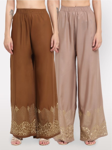 

NEUDIS Women Pack of 2 Brown & Gold-Toned Hem Design Ethnic Palazzos