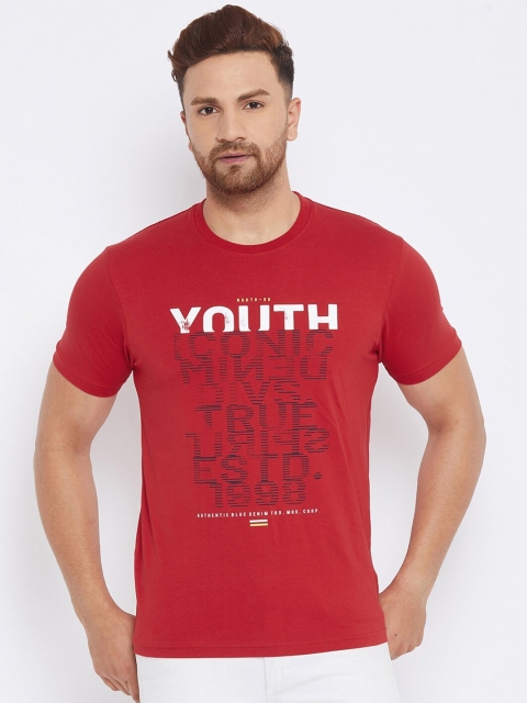 

98 Degree North Men Red Typography Printed Applique T-shirt