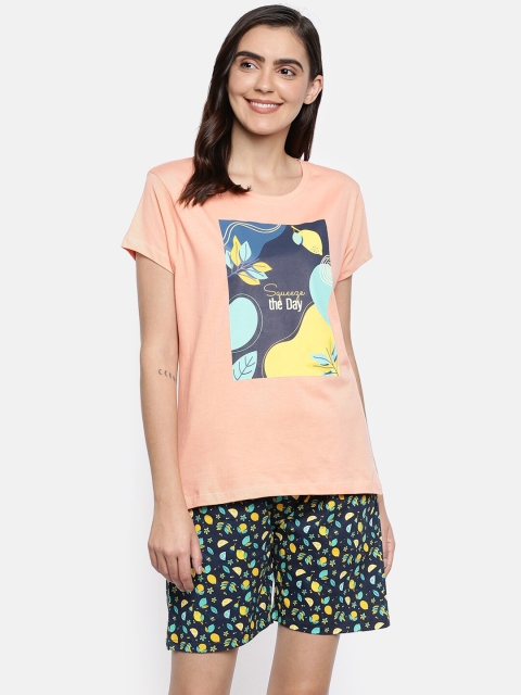 

Ellete Women Peach & Black Printed Night suit