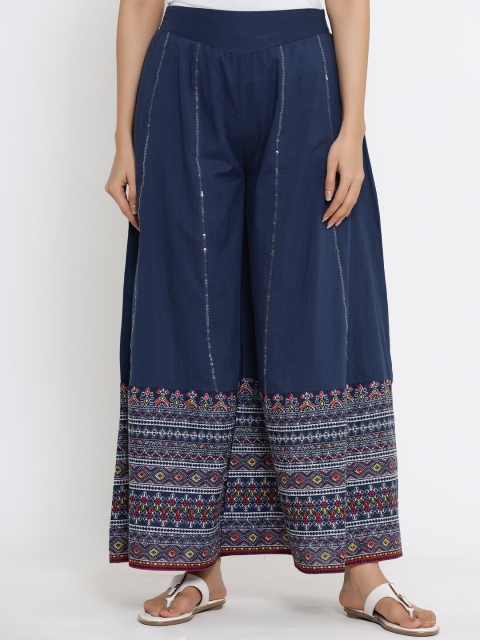 

Juniper Women Navy Blue & Pink Ethnic Motifs Printed Panelled Flared Palazzos