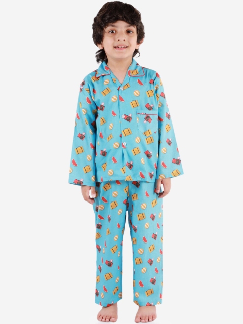 

KID1 Boys Turquoise Blue & Yellow Printed Night Suit