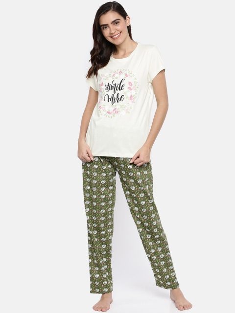 

Ellete Women White & Green Printed Night suit