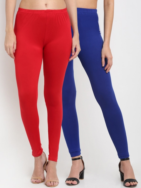 

NEUDIS Women Pack of 2 Red & Blue Solid Ankle-Length Leggings