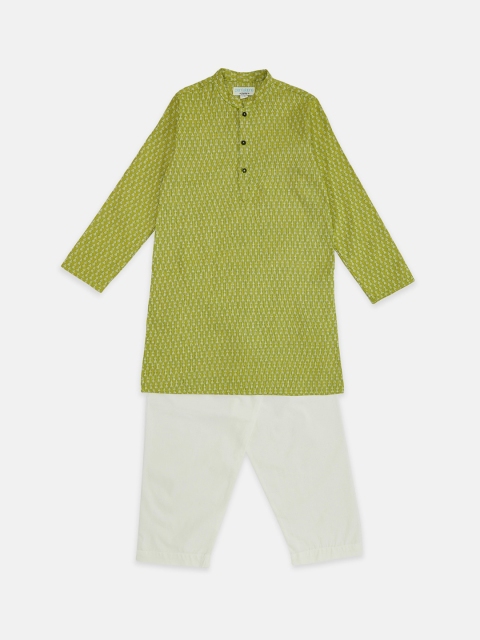 

indus route by Pantaloons Boys Lime Green Printed Pure Cotton Kurta with Pyjamas
